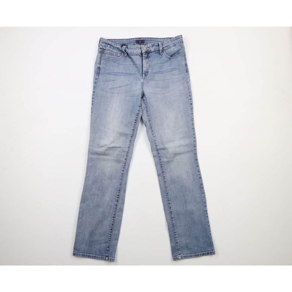 NYDJ Womens Size 12 Faded Lift Tuck Straight Leg Stretch Denim Jeans Pants Blue